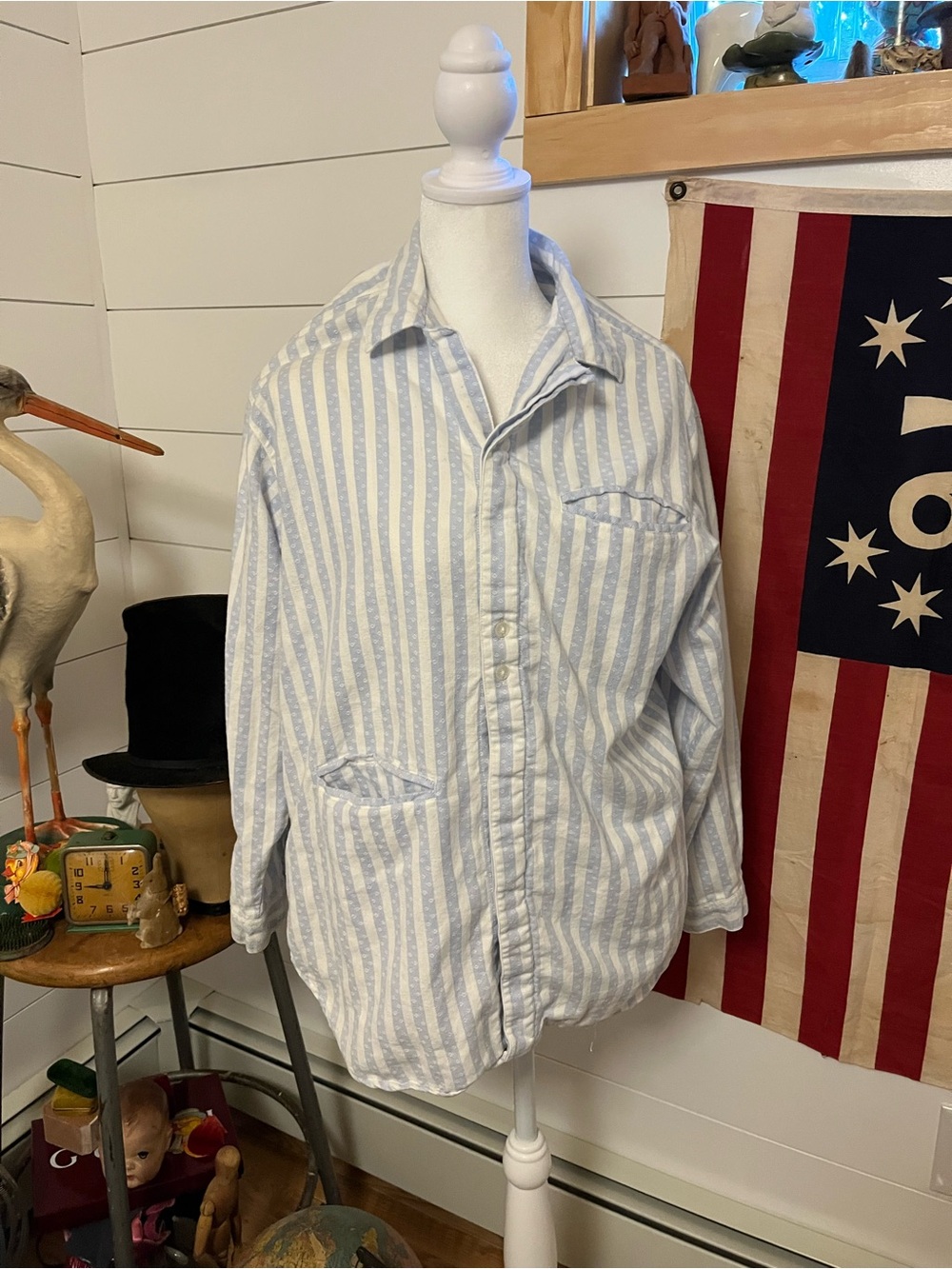 Vintage Esprit White & Blue stripe  Long-Sleeve Shirt Large pocket 80s